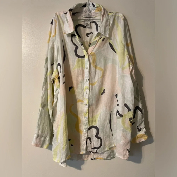 Rachel Zoe Abstract Floral Print 100% Linen Roll Tab Button Front Blouse Size 2X - Picture 1 of 8
